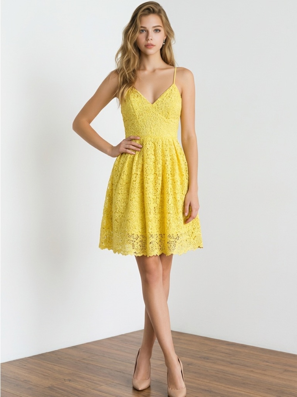 Yellow Lace Mini Dress Fit & Flare Floral Size 4 H&M Summer Wedding Guest